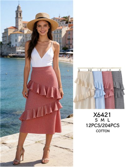Falda midi de cuadros vichy con volantes 2