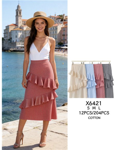 Falda midi de cuadros vichy con volantes