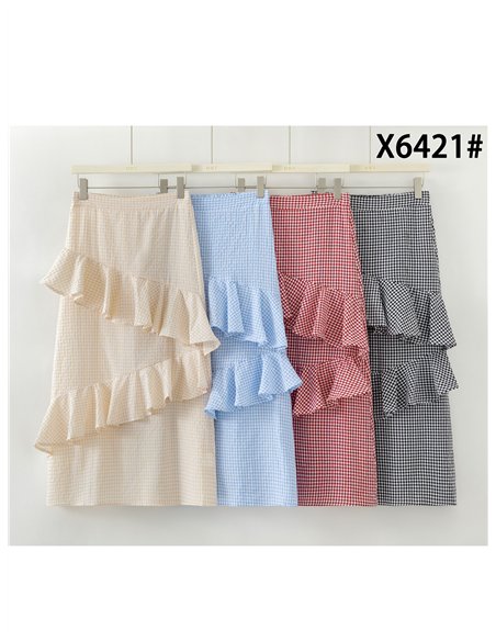 Falda midi de cuadros vichy con volantes