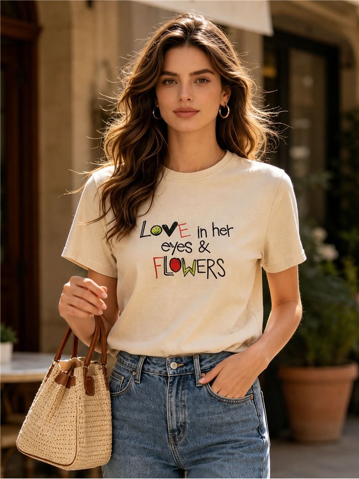 Camiseta "Amor nos olhos dela e flores"