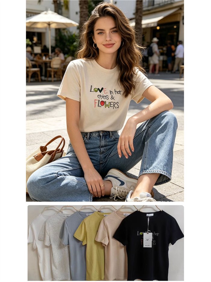 Camiseta "Amor nos olhos dela e flores"