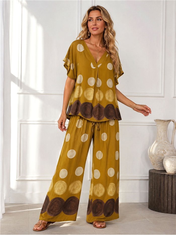 Conjunto blusa talla grande estampado de lunares  y pantalón