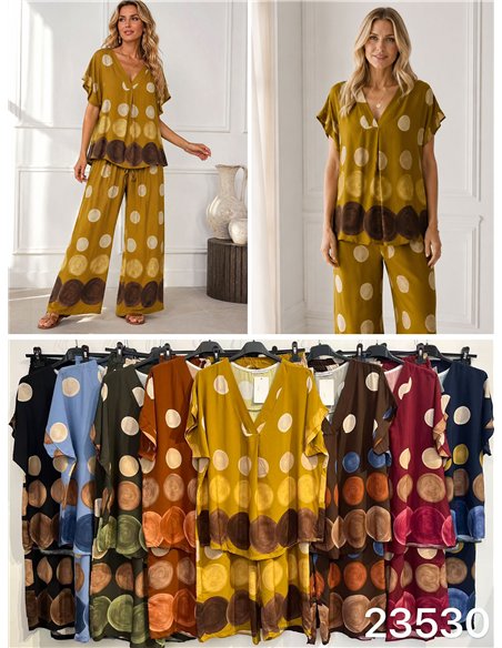 Conjunto blusa talla grande estampado de lunares  y pantalón