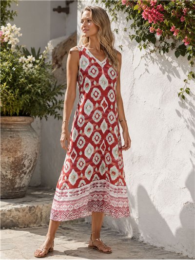 Vestido midi escote pico sin mangas estampado ikat