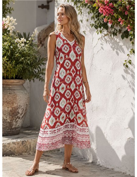 Robe midi sans manches à col en V et imprimé ikat