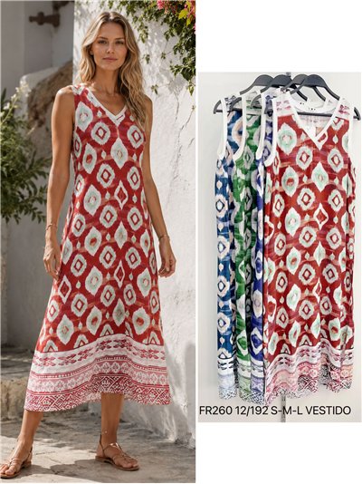 Vestido midi escote pico sin mangas estampado ikat 2