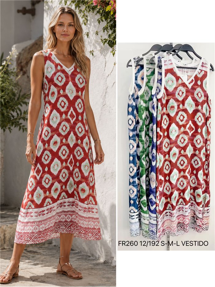 Robe midi sans manches à col en V et imprimé ikat