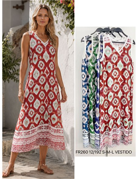 Robe midi sans manches à col en V et imprimé ikat