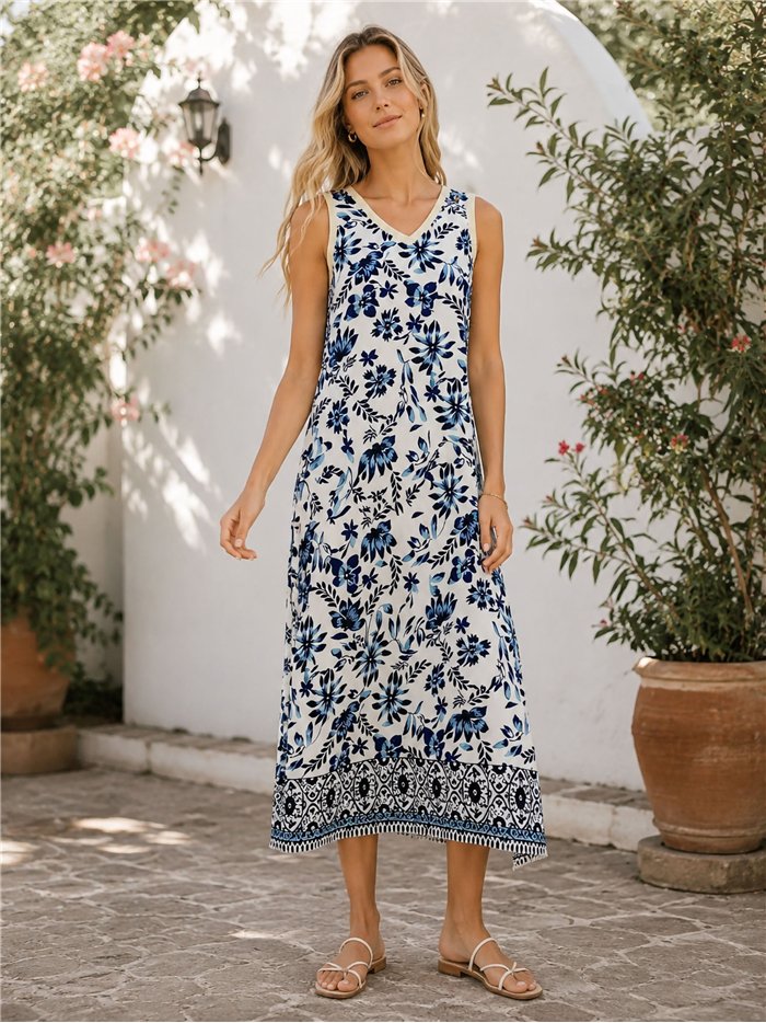 Ärmelloses Midikleid mit V-Ausschnitt, Blumenmuster und Bordüre