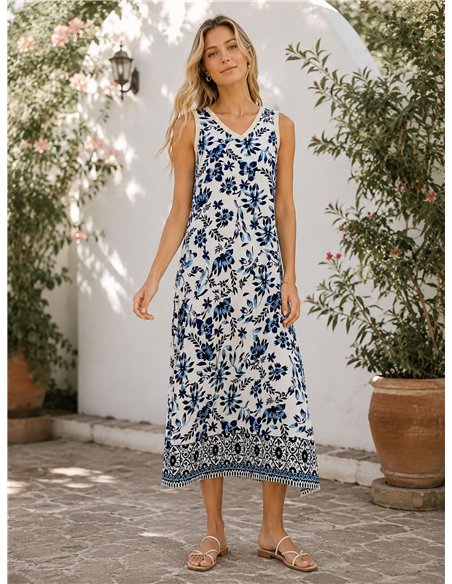Ärmelloses Midikleid mit V-Ausschnitt, Blumenmuster und Bordüre