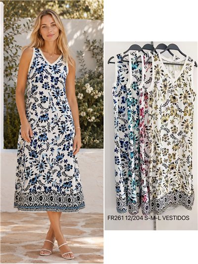 Vestido midi escote pico sin mangas estampado floral con cenefa 2