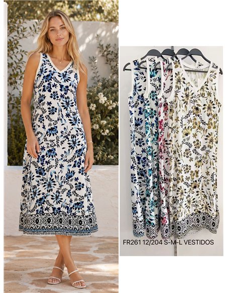 Ärmelloses Midikleid mit V-Ausschnitt, Blumenmuster und Bordüre