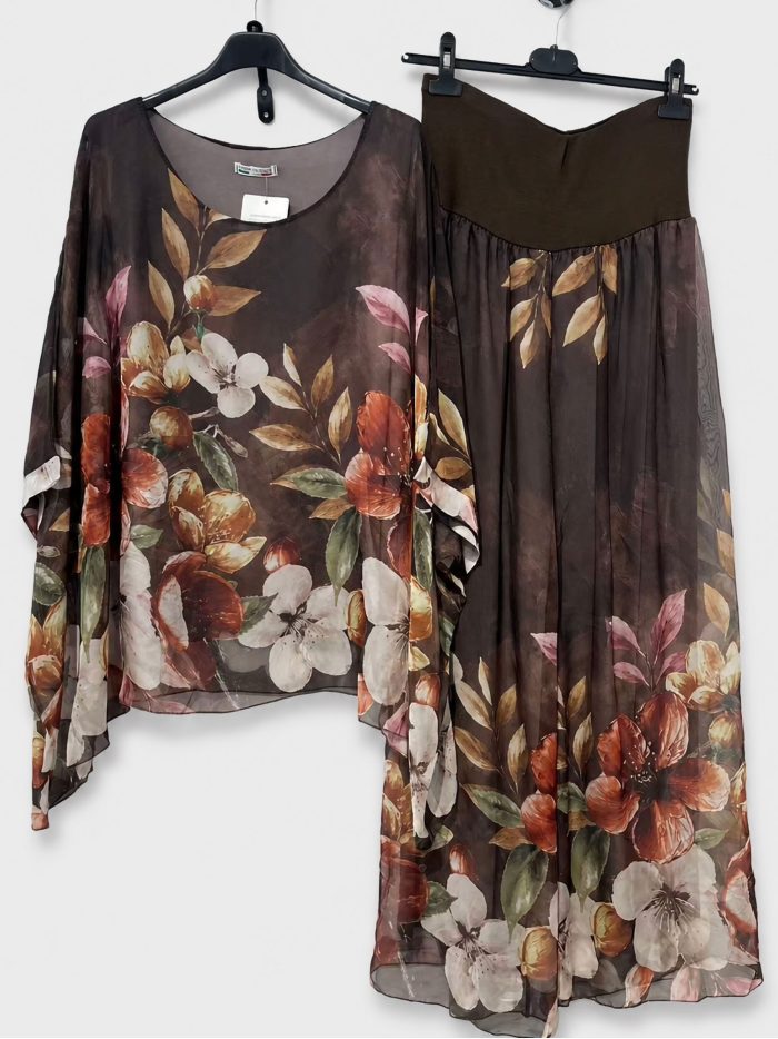 Completo composto da blusa lunga e pantaloni in chiffon con stampa floreale | ZD-3002-FLORAL-MAXI