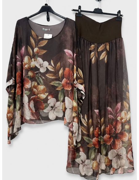 Completo composto da blusa lunga e pantaloni in chiffon con stampa floreale | ZD-3002-FLORAL-MAXI