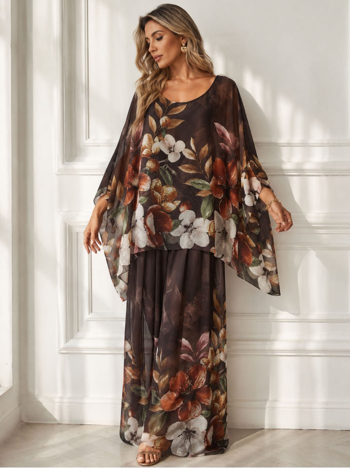 Ensemble blouse longue et pantalon en mousseline à imprimé floral | ZD-3002-FLORAL-MAXI