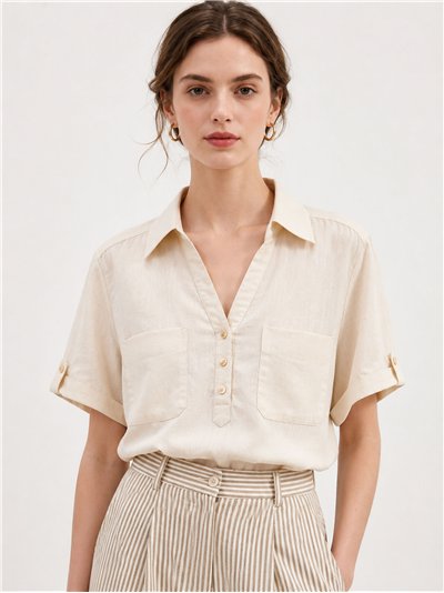 Camisa efecto lino con bolsillos