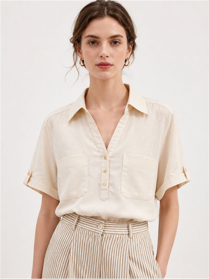 Camisa efecto lino con bolsillos