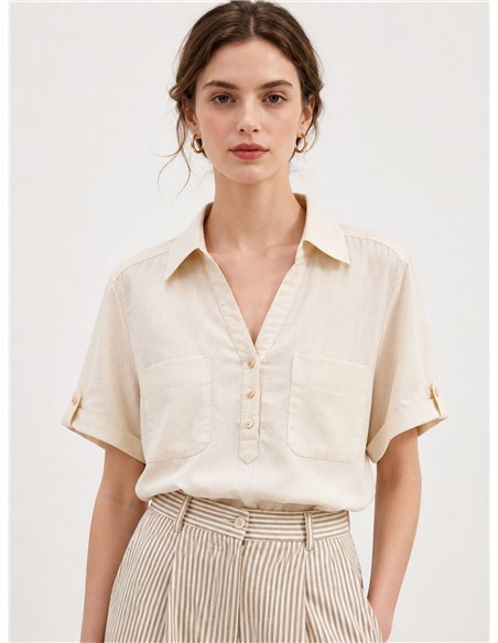 Camisa efecto lino con bolsillos