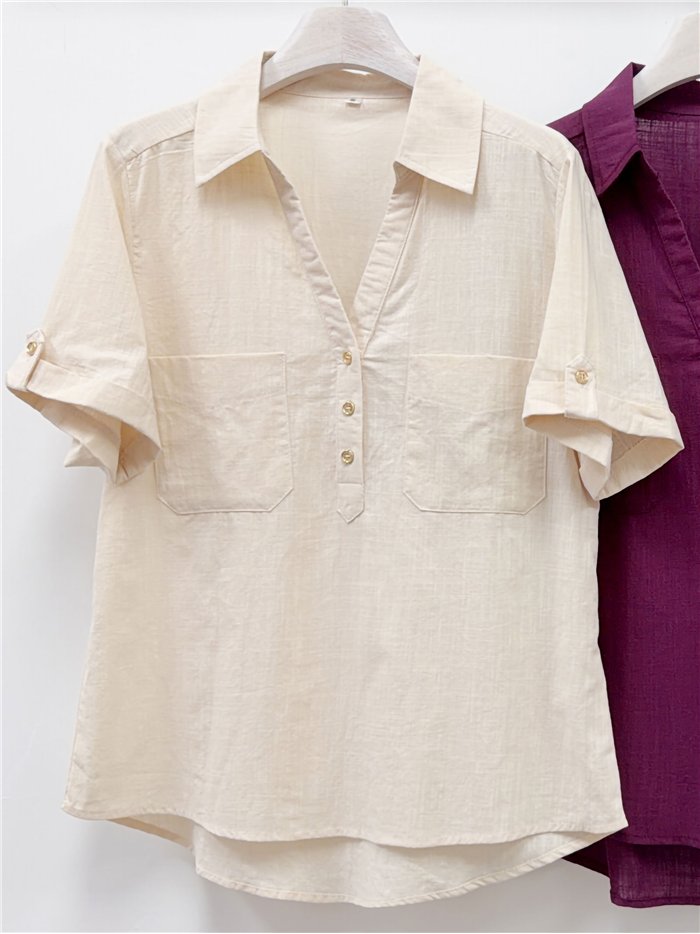 Camisa efecto lino con bolsillos