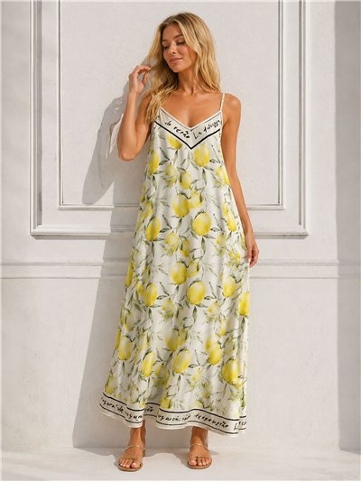 Vestido largo satinado de tirantes estampado limones