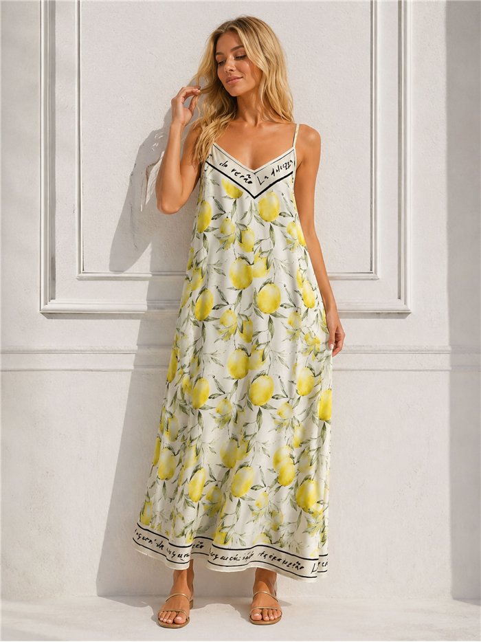 Robe longue en satin à bretelles imprimées citron