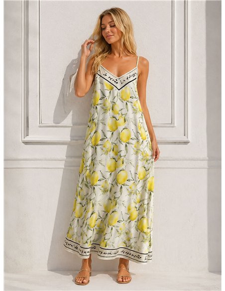 Robe longue en satin à bretelles imprimées citron