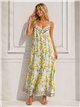 Robe longue en satin à bretelles imprimées citron