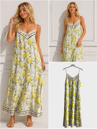 Vestido largo satinado de tirantes estampado limones 2