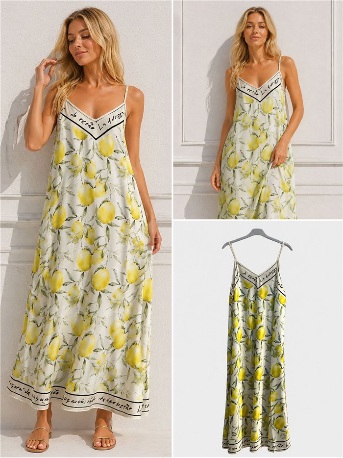 Robe longue en satin à bretelles imprimées citron