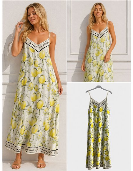 Robe longue en satin à bretelles imprimées citron