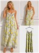 Robe longue en satin à bretelles imprimées citron