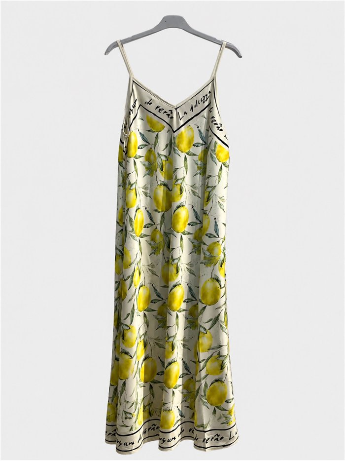 Robe longue en satin à bretelles imprimées citron