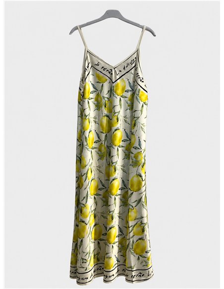 Robe longue en satin à bretelles imprimées citron