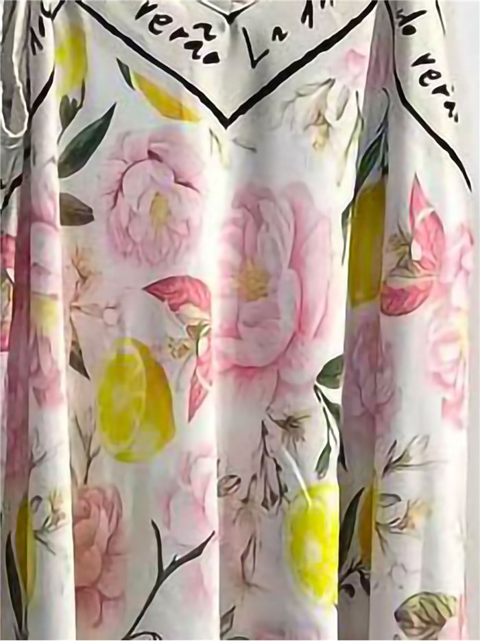 Langes Satinkleid mit Trägern, Blumen- und Zitronenmuster