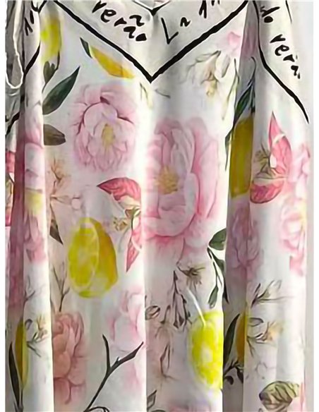 Langes Satinkleid mit Trägern, Blumen- und Zitronenmuster