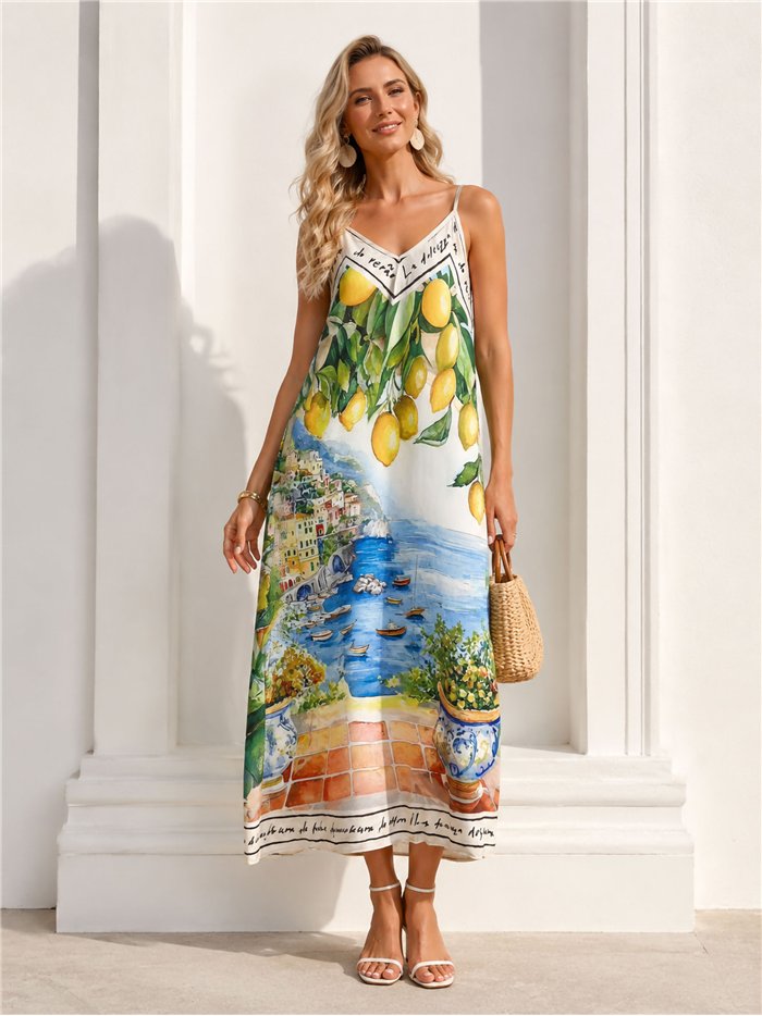 Robe longue en satin à bretelles, imprimé paysage côtier
