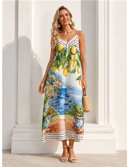 Robe longue en satin à bretelles, imprimé paysage côtier