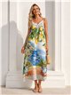 Robe longue en satin à bretelles, imprimé paysage côtier