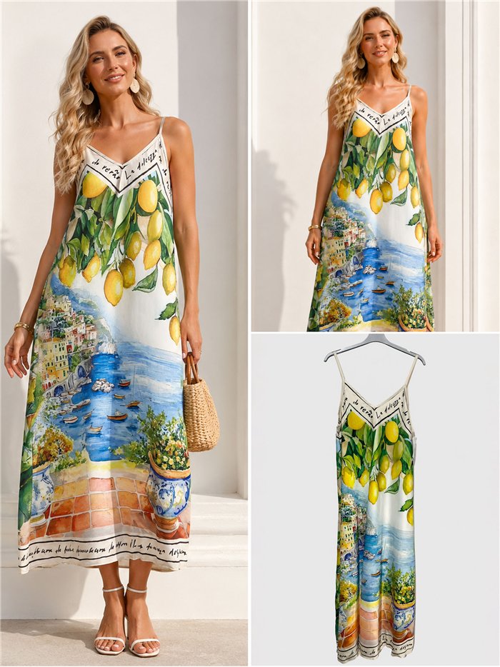 Robe longue en satin à bretelles, imprimé paysage côtier