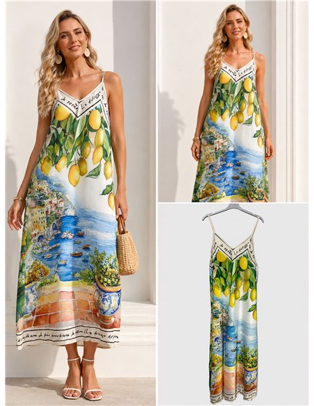 Robe longue en satin à bretelles, imprimé paysage côtier