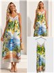 Robe longue en satin à bretelles, imprimé paysage côtier