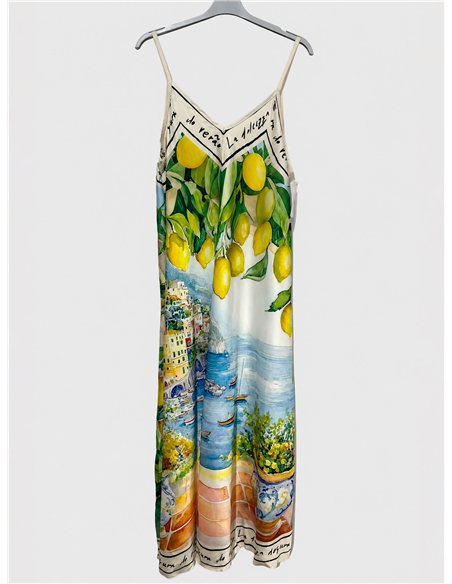 Robe longue en satin à bretelles, imprimé paysage côtier