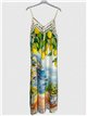Robe longue en satin à bretelles, imprimé paysage côtier