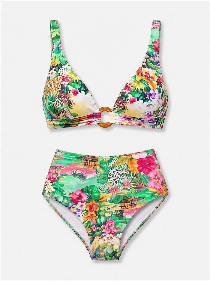 Conjunto bikini tropical de cintura alta