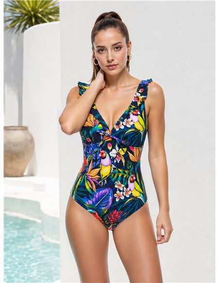 Bañador tropical con volante talla grande