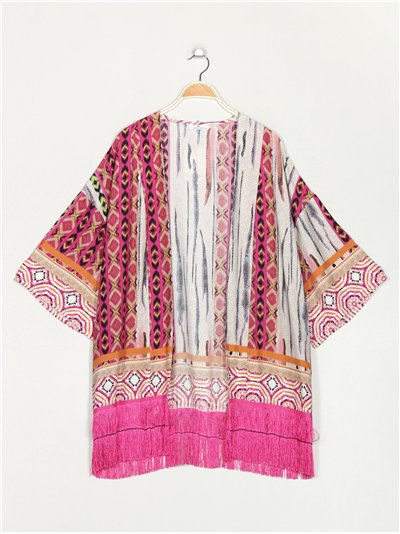 Kimono maxi estampado flecos