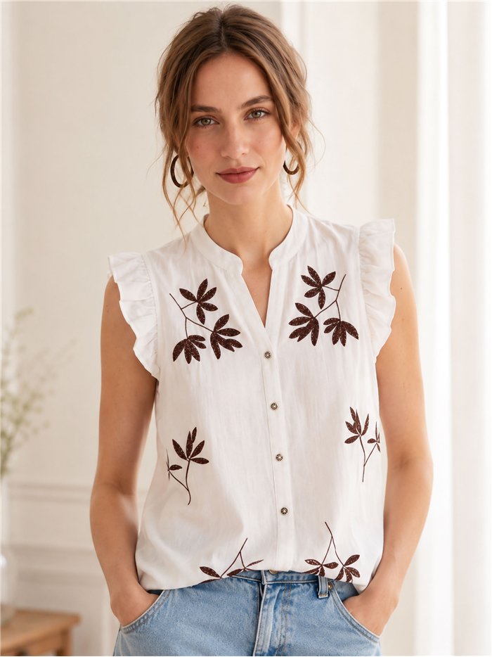Blusa lino bordada hojas