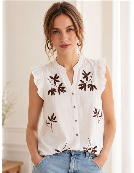 Blusa lino bordada hojas