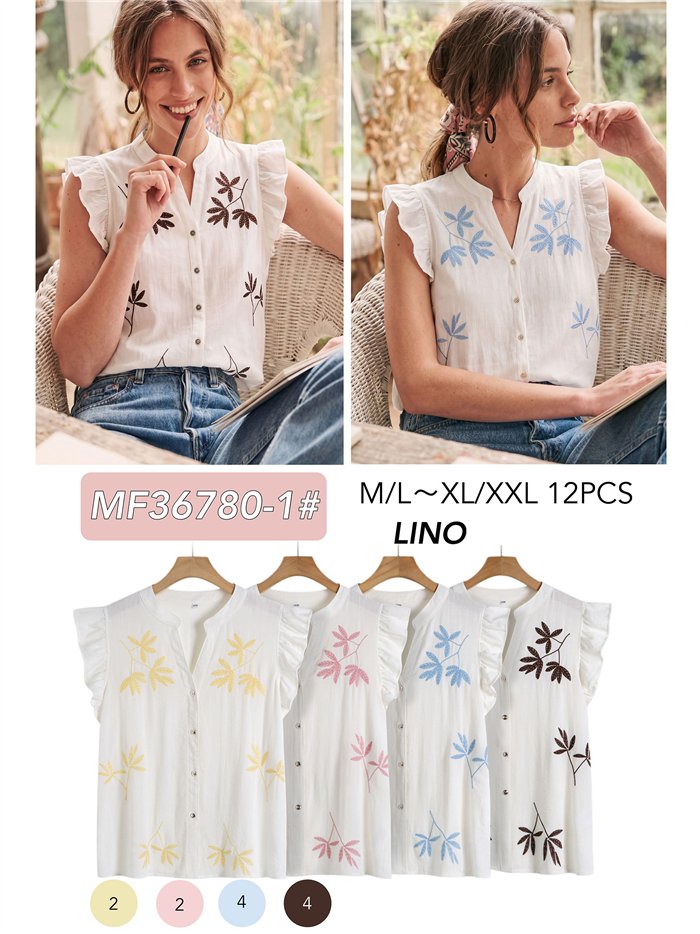 Blusa lino bordada hojas
