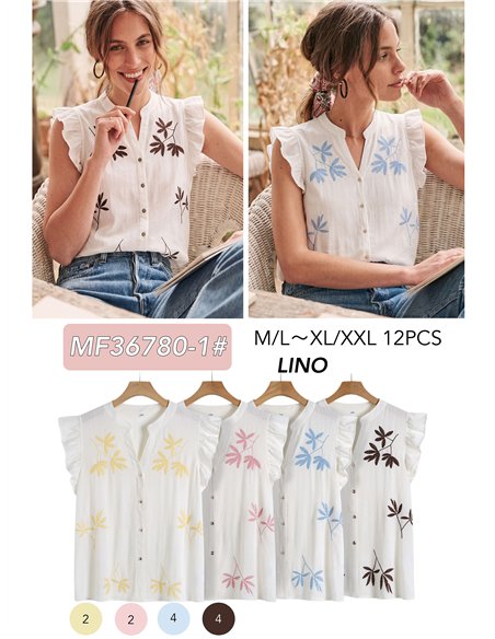 Blusa lino bordada hojas